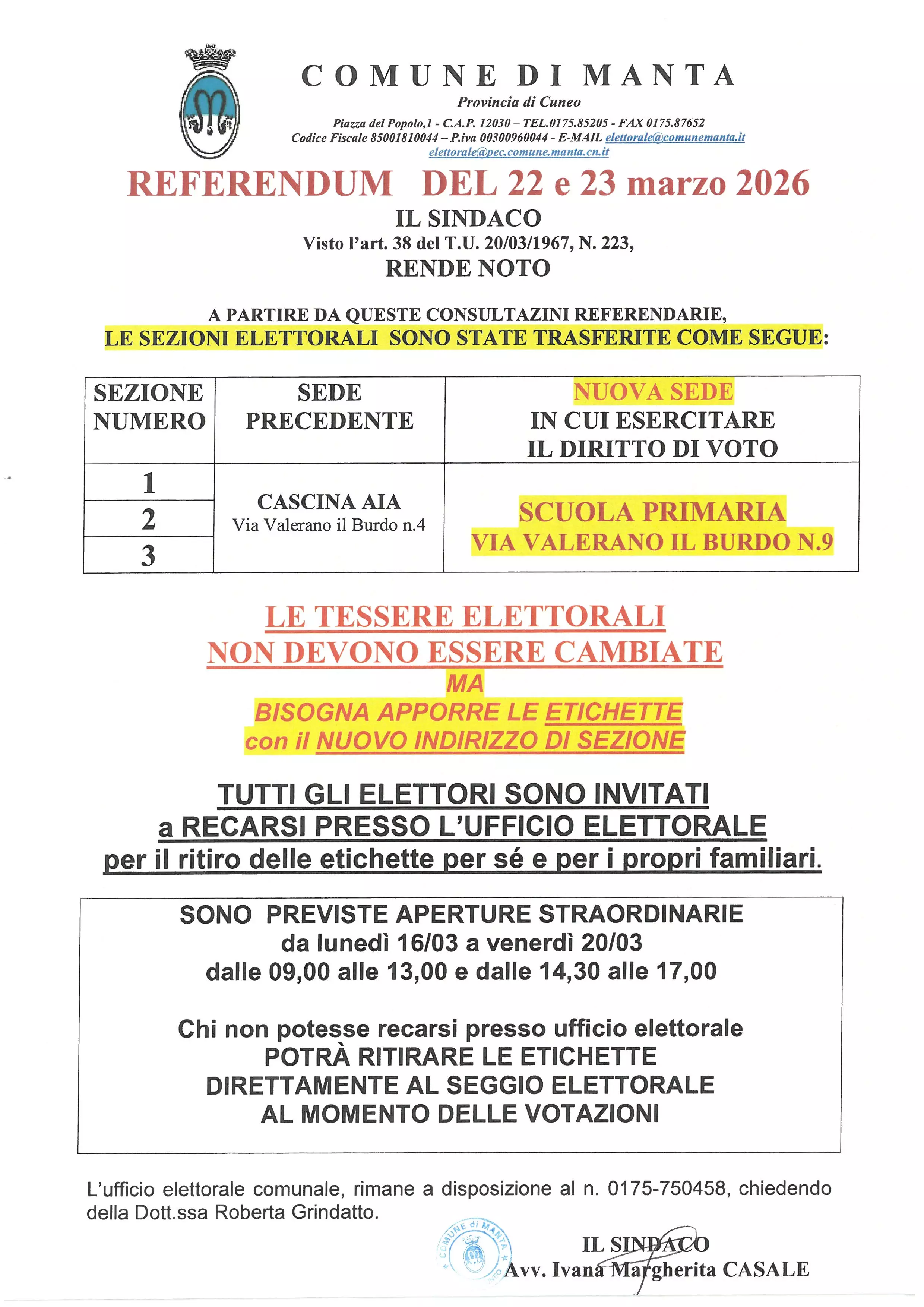 Spostamento seggi -Ritiro etichette