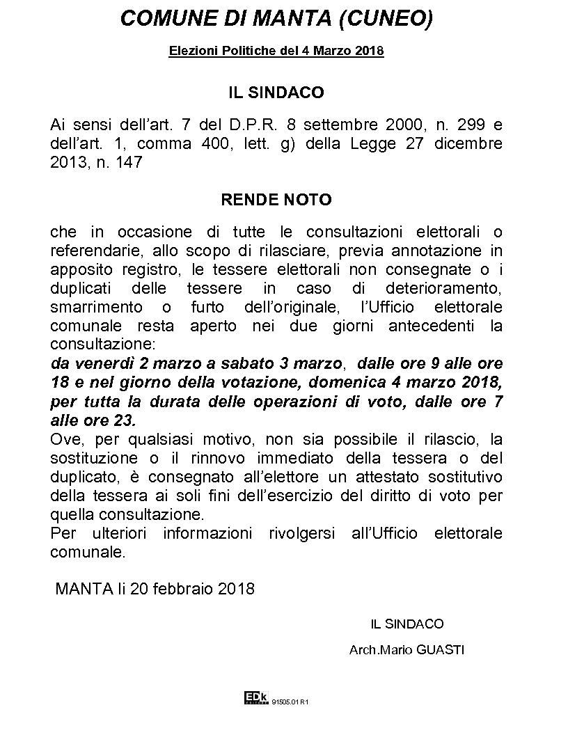 ORARIO UFFICIO ELETTORALE PER RILASCIO TESSERE