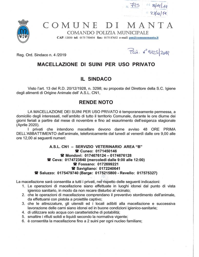 ORDINANZA SINDACALE N. 4/2019 - MACELLAZIONE DI SUINI PER USO PRIVATO
