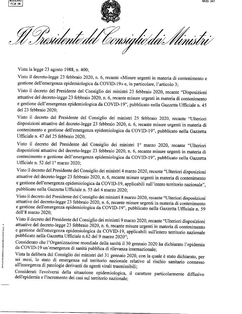 AGGIORNAMENTO. ULTERIORI MISURE PER IL CONTENIMENTO DEL VIRUS