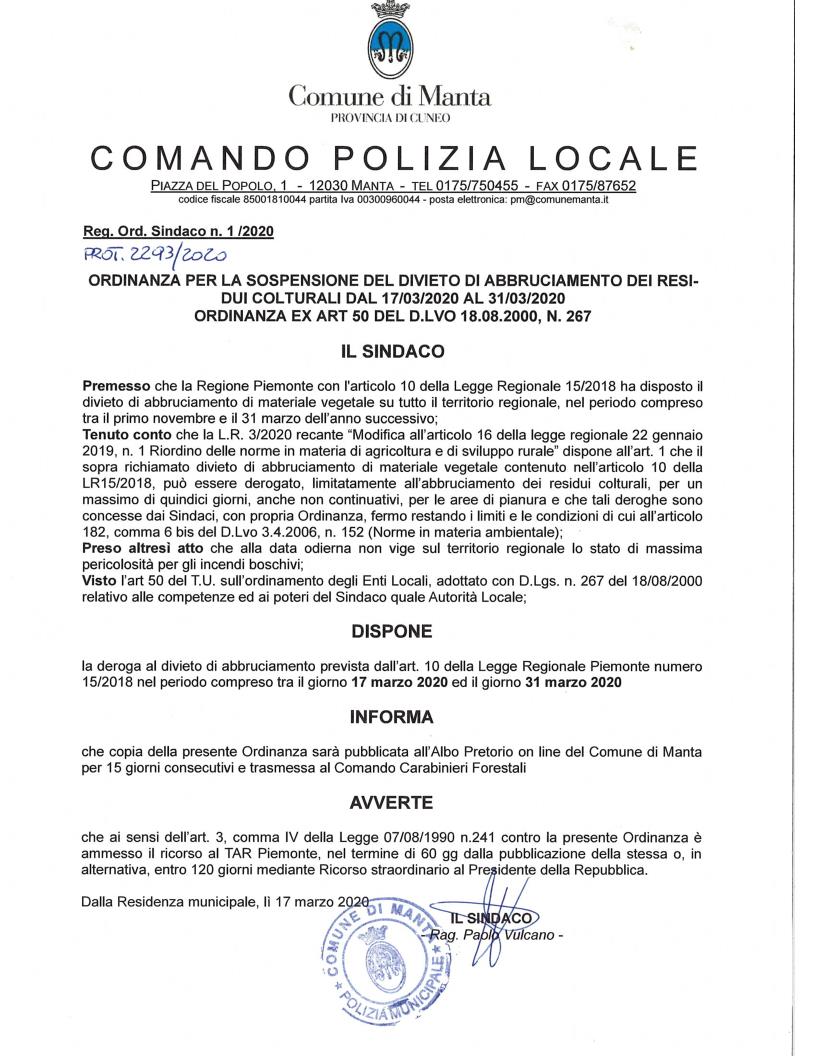 SOSPENSIONE DEL DIVIETO DI ABBRUCIAMENTO 