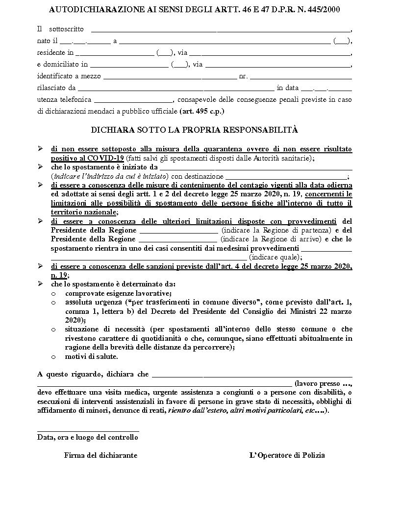 NUOVO MODULO PER L'AUTOCERTIFICAZIONE AGGIORNATO AL 26/03/2020